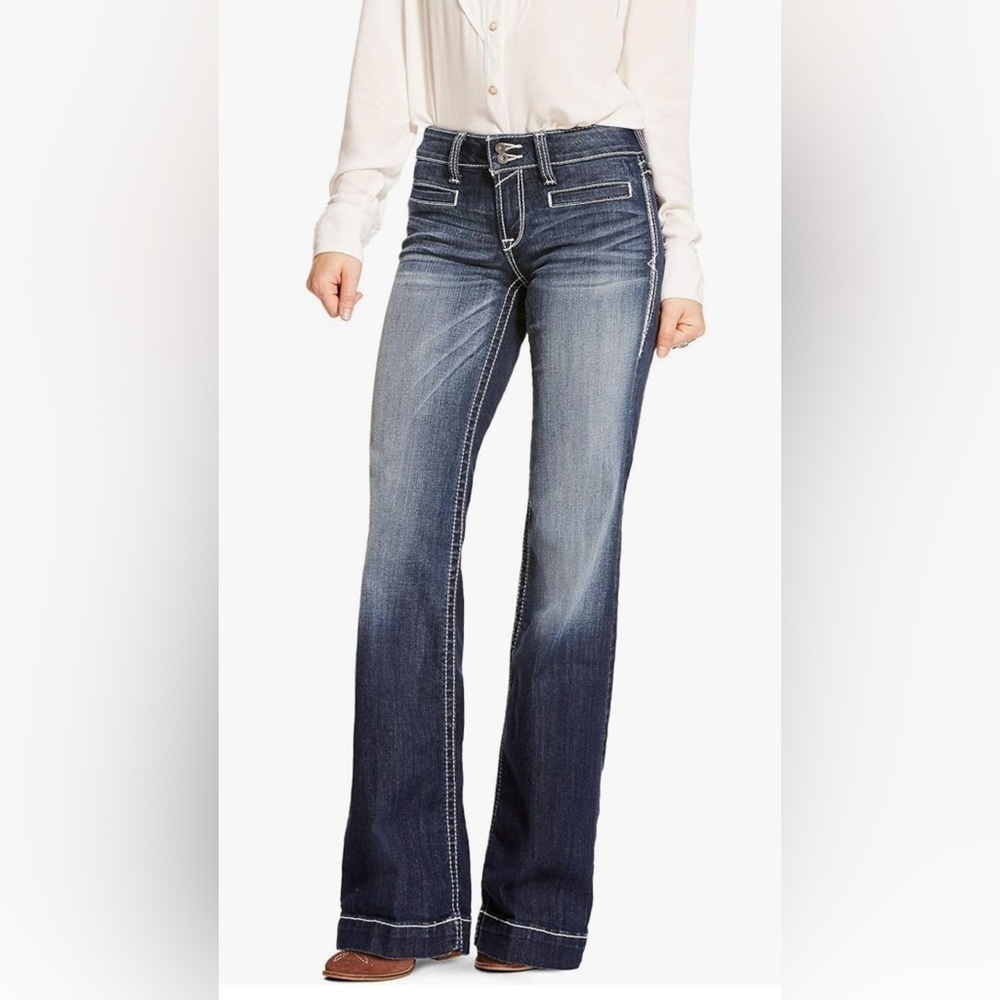 Ariat Sz 32R Blue Jeans Trousers Thick Stitching Hemmed Mid-Wash Wiskering